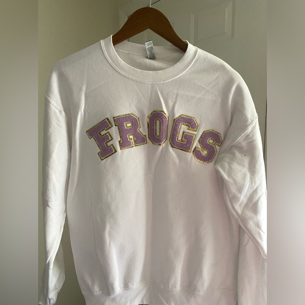 TCU Frogs! Gildan White Sweatshirt with Purple and Gold Lettering